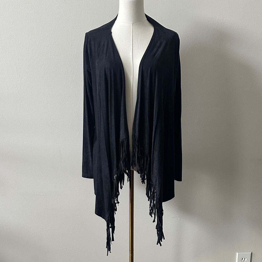 Rods Womens Neutral Black Long Sleeve Western Cowgirl Fringe Top L‎ Vintage USA
